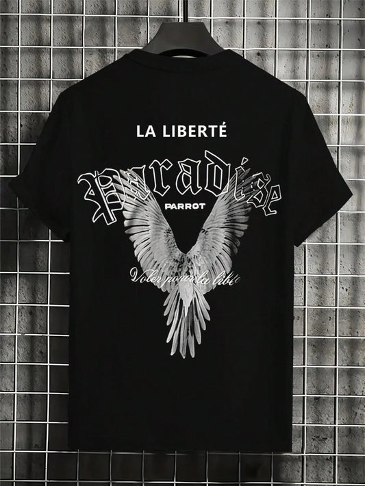 Black t-shirt with white graphic design and text on a tiled wall background