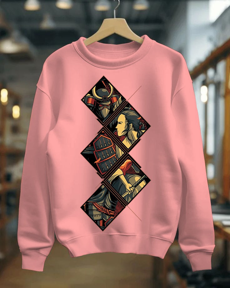 Pink sweatshirt with geometric design on a hanger in a store setting