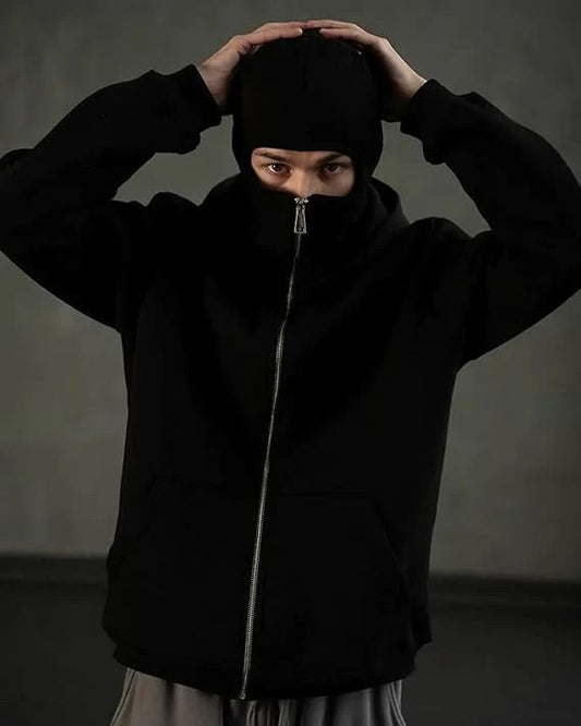 Balaclava ninja hoodie with built in face mask winter streetwear fleece hoodie for men and women