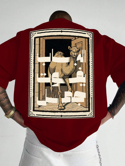 Person wearing a red shirt with a camel design on the back against a white background