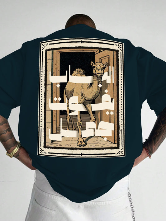 Person wearing a dark blue shirt with a camel illustration on the back against a white background