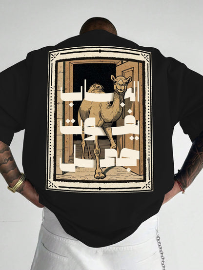 Person wearing a black shirt with a camel design on the back, standing against a white background