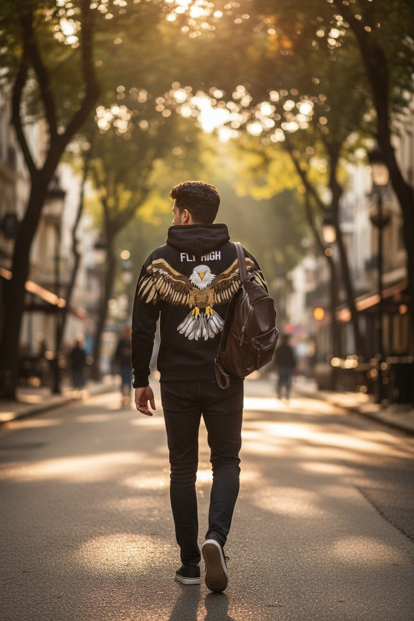 Person walking down a tree-lined street with a decorative jacket
