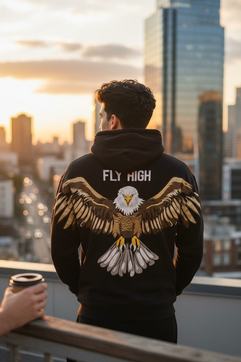 Person wearing a hoodie with an eagle design and 'Fly High' text, standing on a rooftop with a cityscape in the background.
