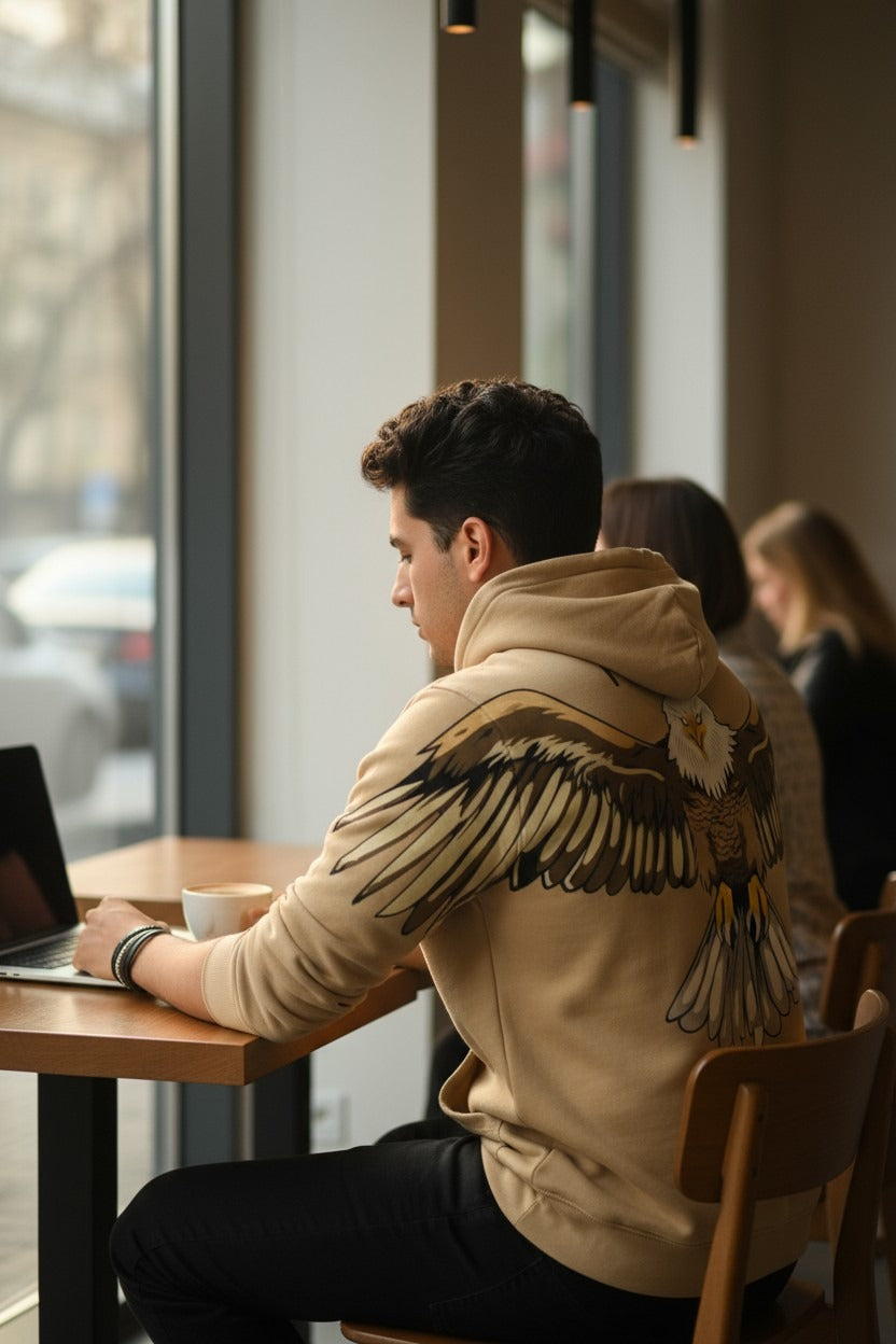 Person sitting at a table in a cafe using a laptop, wearing a beige jacket with feather design.