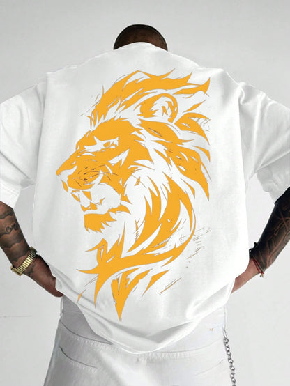 Person wearing a white t-shirt with a yellow lion design on the back against a gray background