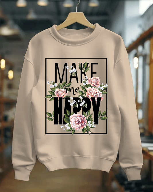 Beige sweatshirt with 'MAKE me HAPPY' text and floral design on a hanger.