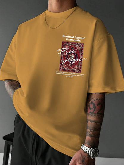 Yellow t-shirt with graphic design and text on a gray background