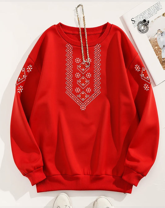 Red sweatshirt with white embroidery on a white background
