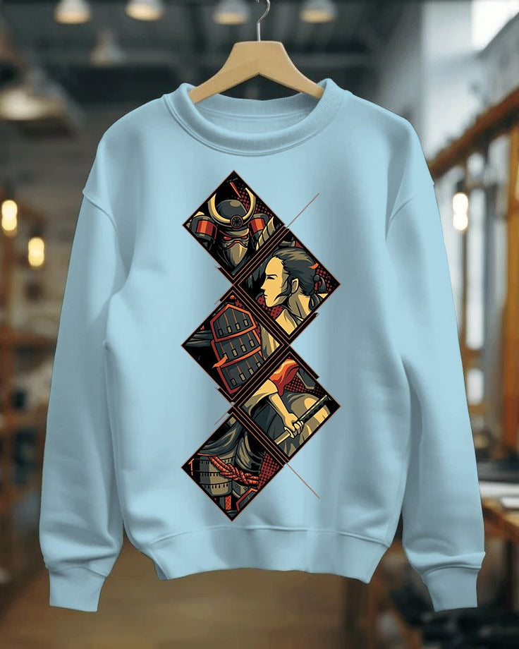 Light blue sweatshirt with geometric design on a hanger in a blurred indoor setting