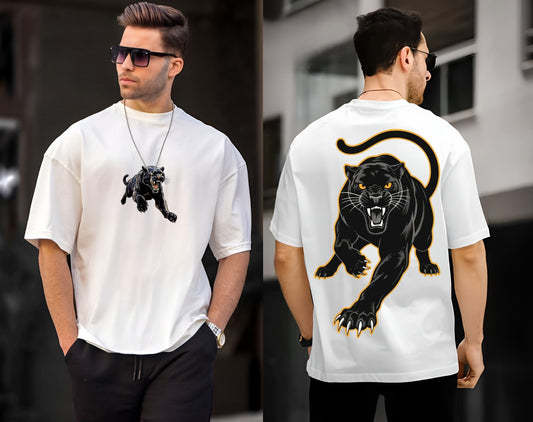 Man wearing a white t-shirt with a black panther graphic on the front and back.